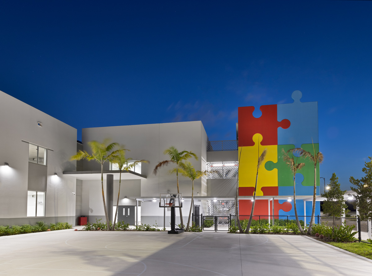 Architectural dusk view of the South Florida Autism Charter School  in Miami FL.